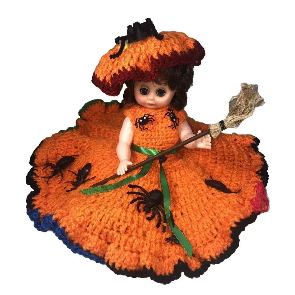Halloween Doll with Handmade Layered Crocheted Dress w/spiders & broom